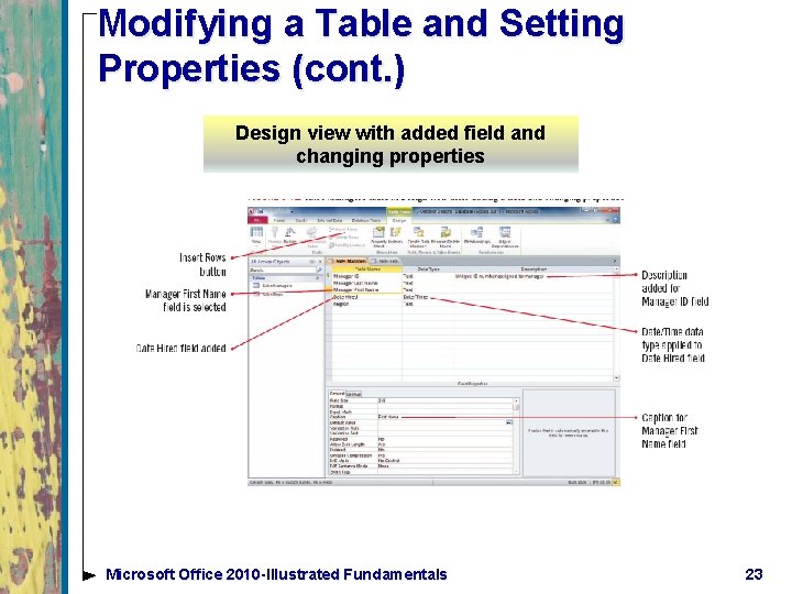 Modifying a Table and Setting Properties (cont. ) Design view with added field and