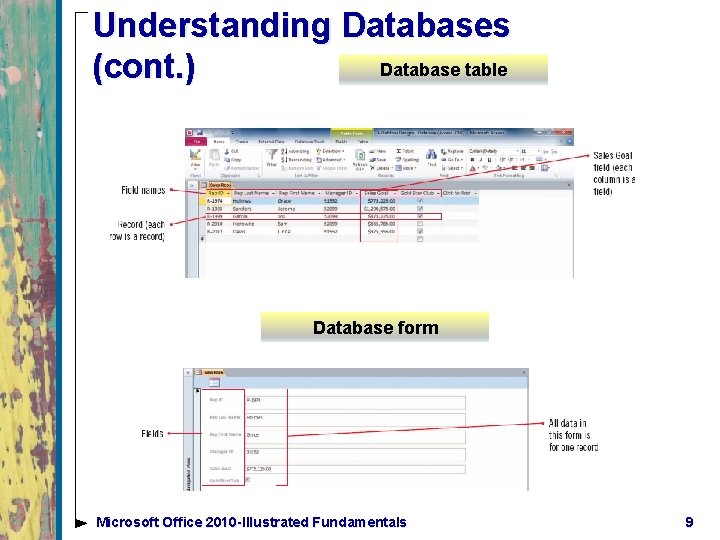 Understanding Databases Database table (cont. ) Database form Microsoft Office 2010 -Illustrated Fundamentals 9