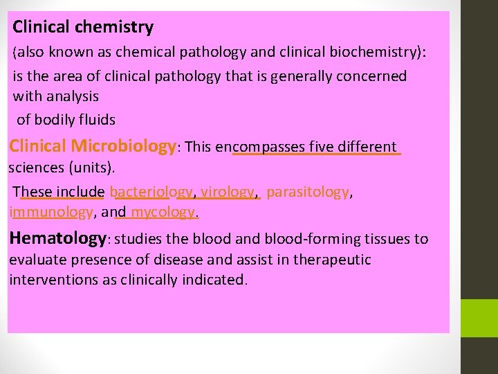 Clinical chemistry (also known as chemical pathology and clinical biochemistry): is the area of Clinical chemistry (also known as chemical pathology and clinical biochemistry): is the area of