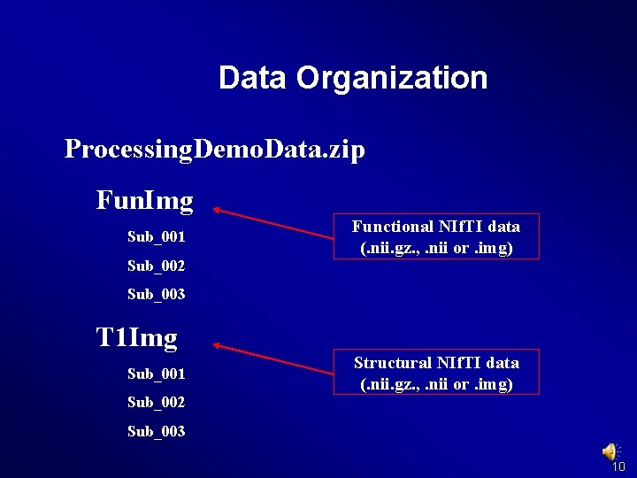 Data Organization Processing. Demo. Data. zip Fun. Img Sub_001 Sub_002 Functional NIf. TI data