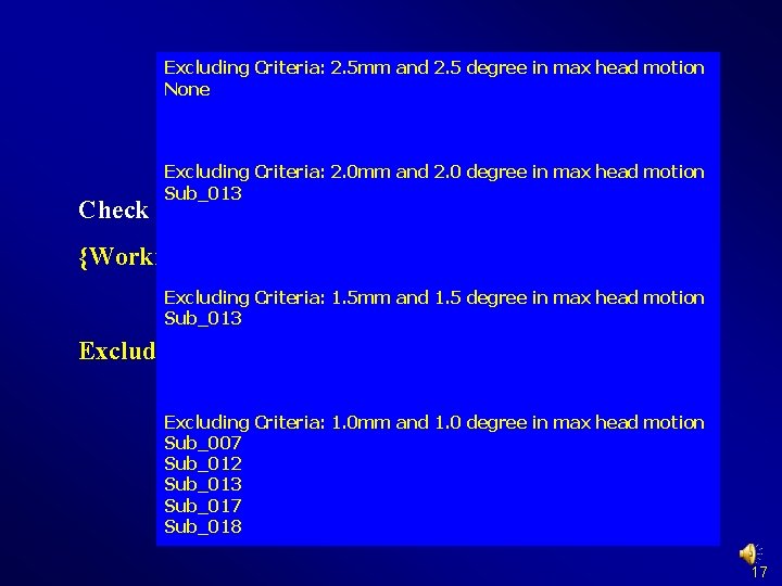 Excluding Criteria: 2. 5 mm and 2. 5 degree in max head motion None