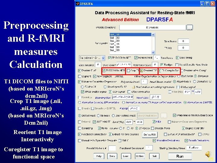 Preprocessing and R-f. MRI measures Calculation T 1 DICOM files to NIf. TI (based