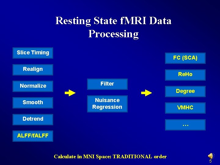 Resting State f. MRI Data Processing Slice Timing FC (SCA) Realign Re. Ho Normalize