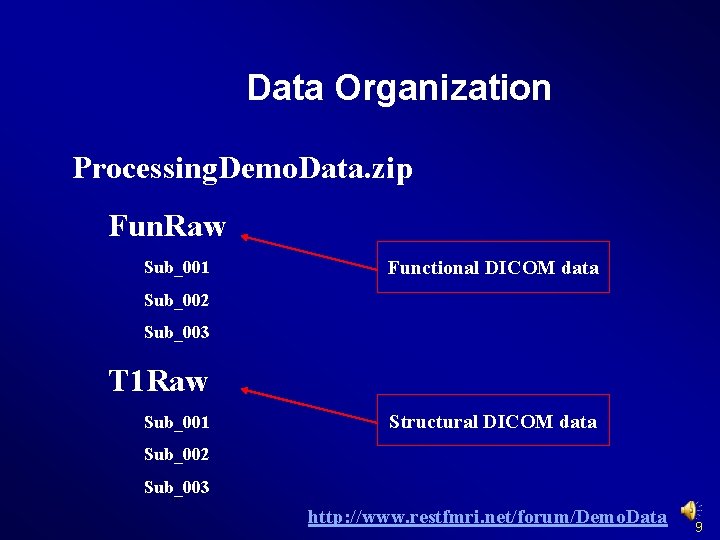 Data Organization Processing. Demo. Data. zip Fun. Raw Sub_001 Functional DICOM data Sub_002 Sub_003