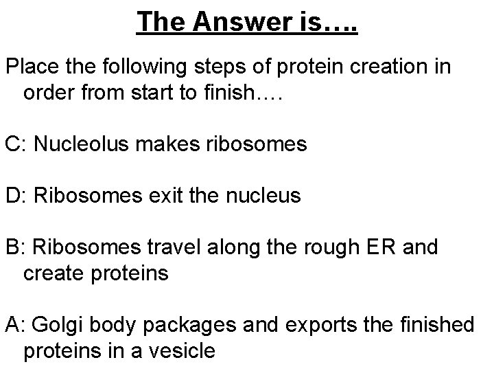 The Answer is…. Place the following steps of protein creation in order from start The Answer is…. Place the following steps of protein creation in order from start
