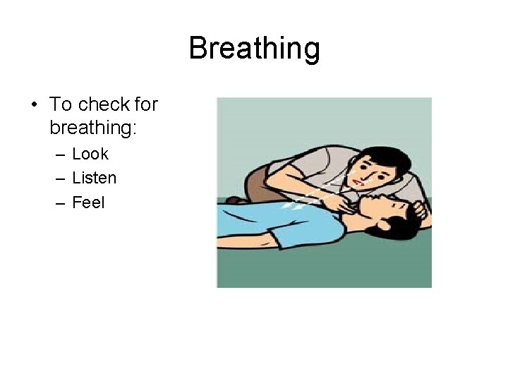 Breathing • To check for breathing: – Look – Listen – Feel 