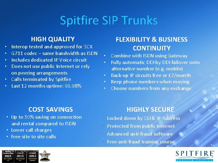Spitfire SIP Trunks HIGH QUALITY FLEXIBILITY & BUSINESS CONTINUITY Interop tested and approved for Spitfire SIP Trunks HIGH QUALITY FLEXIBILITY & BUSINESS CONTINUITY Interop tested and approved for