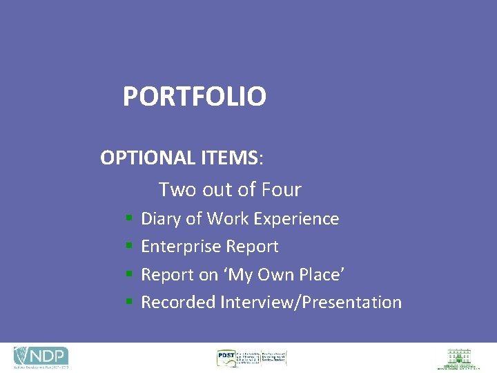 PORTFOLIO OPTIONAL ITEMS: Two out of Four § § Diary of Work Experience Enterprise