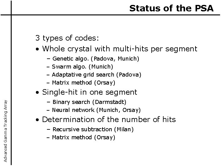 Status of the PSA 3 types of codes: • Whole crystal with multi-hits per