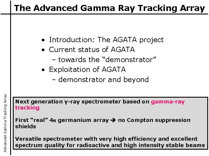 The Advanced Gamma Ray Tracking Array Advanced Gamma Tracking Array • Introduction: The AGATA The Advanced Gamma Ray Tracking Array Advanced Gamma Tracking Array • Introduction: The AGATA