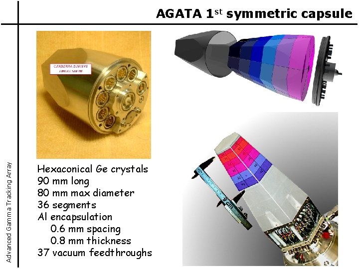 Advanced Gamma Tracking Array AGATA 1 st symmetric capsule Hexaconical Ge crystals 90 mm Advanced Gamma Tracking Array AGATA 1 st symmetric capsule Hexaconical Ge crystals 90 mm