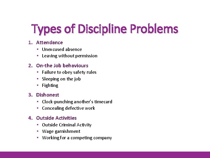 Types of Discipline Problems 1. Attendance ▪ Unexcused absence ▪ Leaving without permission 2.