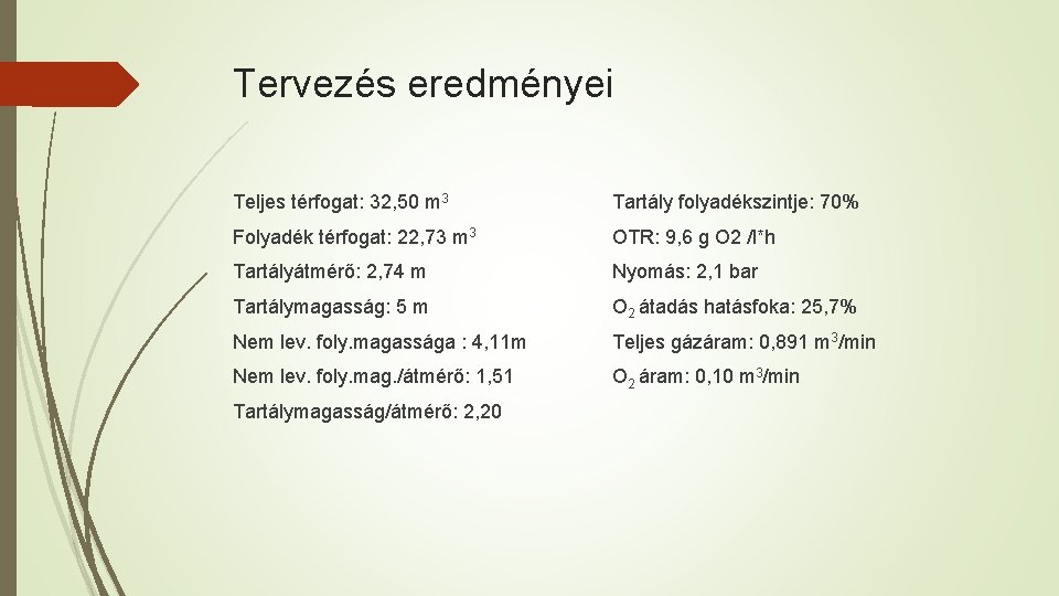 Tervezés eredményei Teljes térfogat: 32, 50 m 3 Tartály folyadékszintje: 70% Folyadék térfogat: 22,