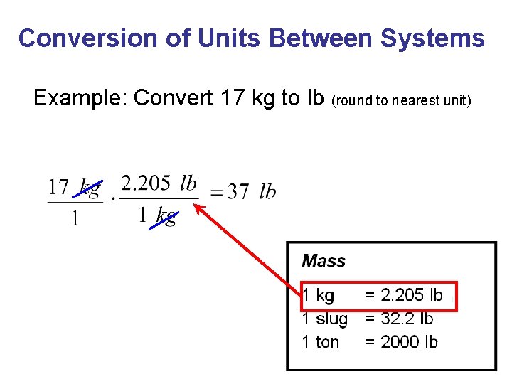Conversion of Units Between Systems Example: Convert 17 kg to lb (round to nearest
