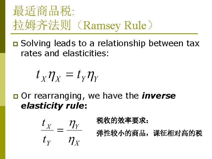 最适商品税: 拉姆齐法则(Ramsey Rule) p Solving leads to a relationship between tax rates and elasticities: 最适商品税: 拉姆齐法则(Ramsey Rule) p Solving leads to a relationship between tax rates and elasticities: