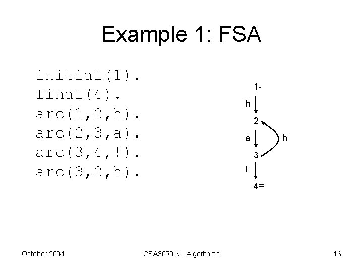 Example 1: FSA initial(1). final(4). arc(1, 2, h). arc(2, 3, a). arc(3, 4, !).