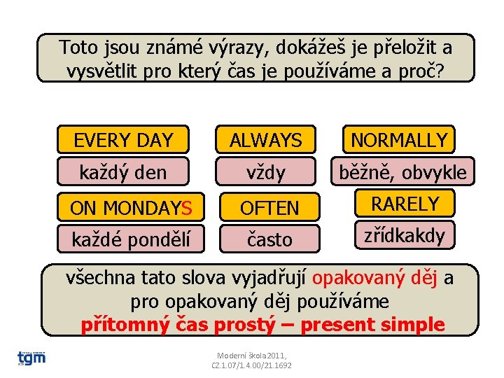 Toto jsou známé výrazy, dokážeš je přeložit a vysvětlit pro který čas je používáme Toto jsou známé výrazy, dokážeš je přeložit a vysvětlit pro který čas je používáme