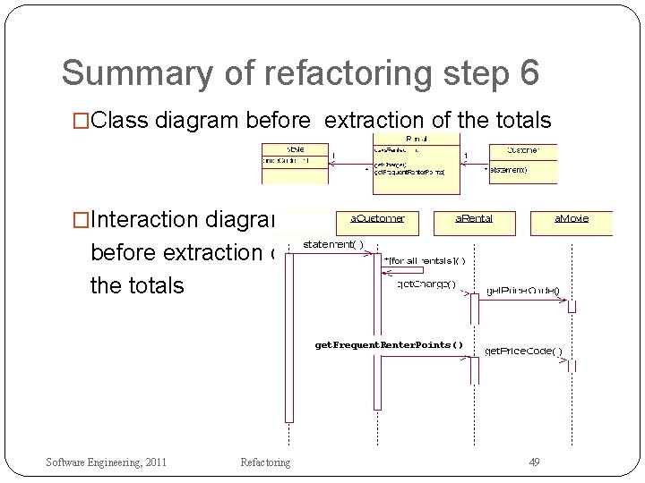 Summary of refactoring step 6 �Class diagram before extraction of the totals �Interaction diagram