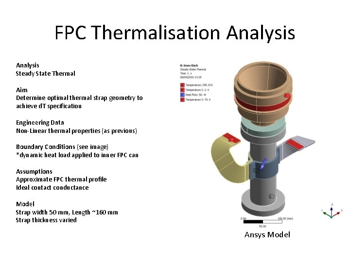 FPC Thermalisation Analysis Steady State Thermal Aim Determine optimal thermal strap geometry to achieve