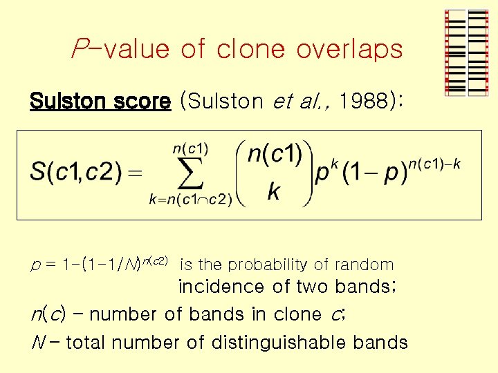 P-value of clone overlaps Sulston score (Sulston et al. , 1988): p = 1