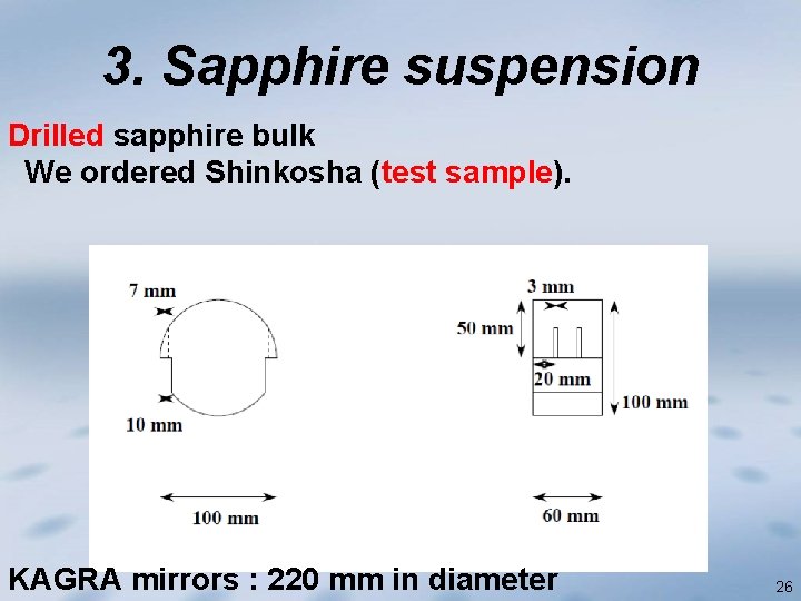 3. Sapphire suspension Drilled sapphire bulk We ordered Shinkosha (test sample). KAGRA mirrors :
