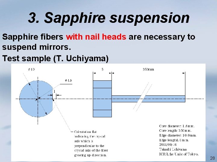 3. Sapphire suspension Sapphire fibers with nail heads are necessary to suspend mirrors. Test