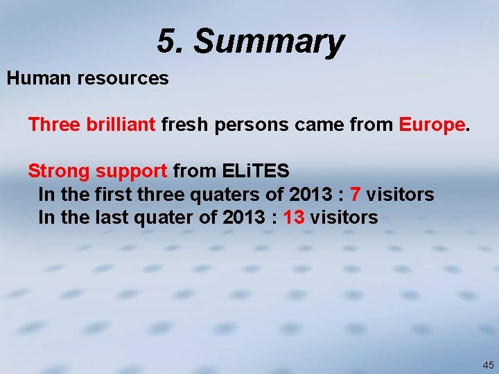 5. Summary Human resources Three brilliant fresh persons came from Europe. Strong support from