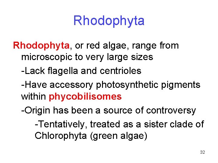 Rhodophyta, or red algae, range from microscopic to very large sizes -Lack flagella and