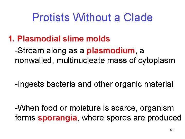 Protists Without a Clade 1. Plasmodial slime molds -Stream along as a plasmodium, a