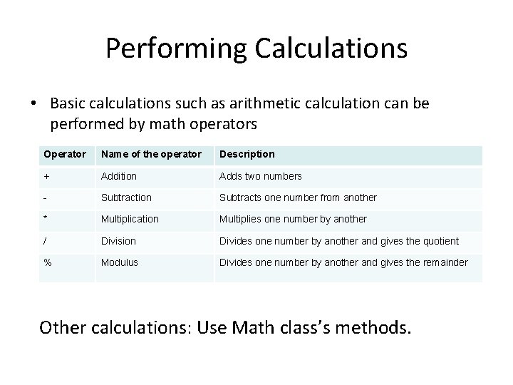 Performing Calculations • Basic calculations such as arithmetic calculation can be performed by math