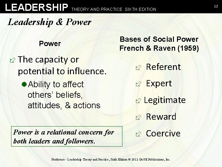 LEADERSHIP THEORY AND PRACTICE SIXTH EDITION Leadership & Power ÷ The capacity or potential