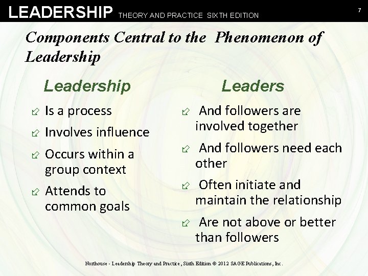 LEADERSHIP THEORY AND PRACTICE SIXTH EDITION Components Central to the Phenomenon of Leadership ÷