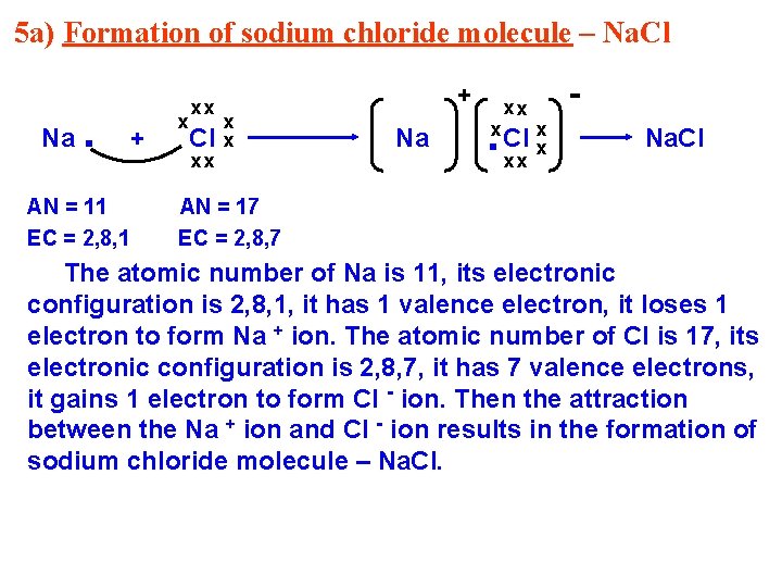 5 a) Formation of sodium chloride molecule – Na. Cl Na . AN =