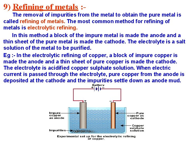 9) Refining of metals : The removal of impurities from the metal to obtain