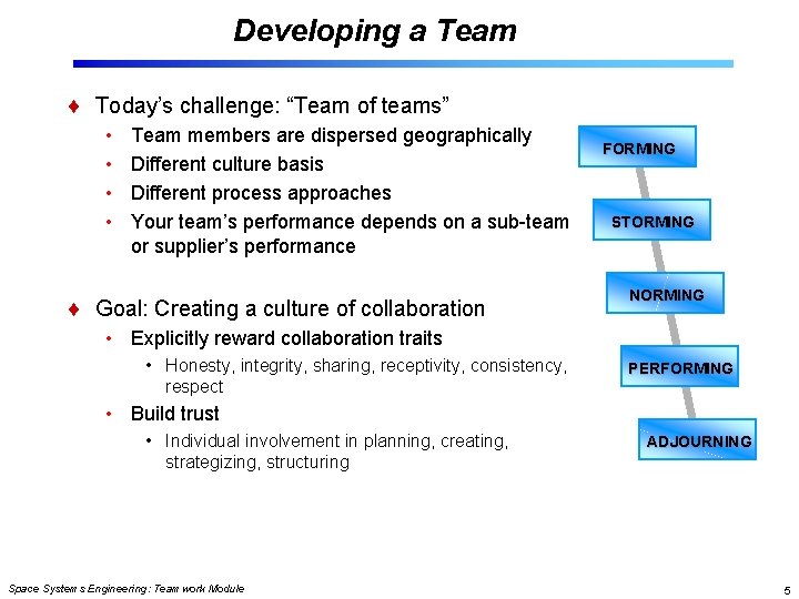 Developing a Team Today’s challenge: “Team of teams” • • Team members are dispersed