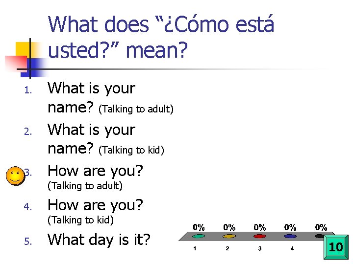 What does “¿Cómo está usted? ” mean? 1. 2. 3. What is your name? What does “¿Cómo está usted? ” mean? 1. 2. 3. What is your name?