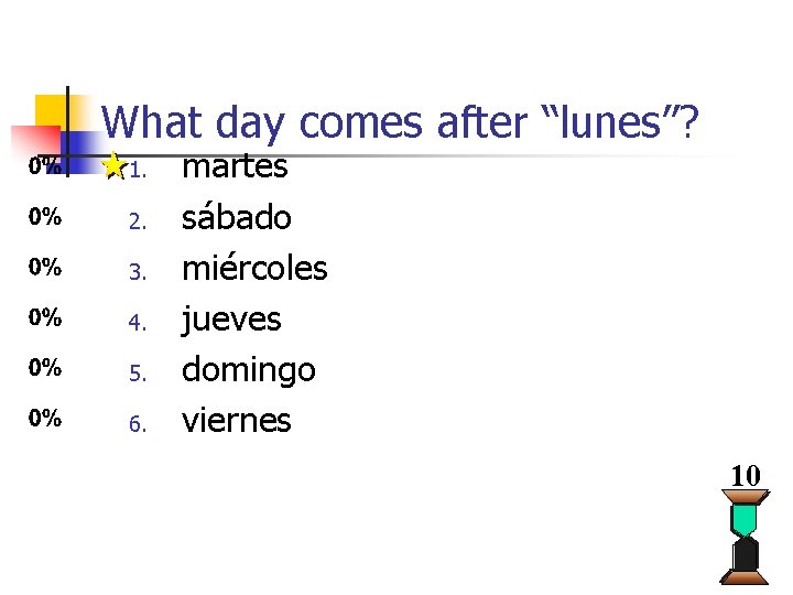 What day comes after “lunes”? 1. 2. 3. 4. 5. 6. martes sábado miércoles What day comes after “lunes”? 1. 2. 3. 4. 5. 6. martes sábado miércoles