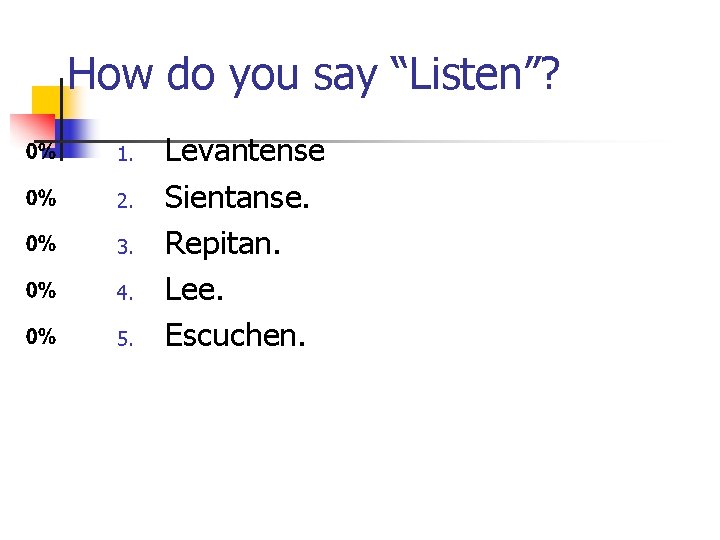 How do you say “Listen”? 1. 2. 3. 4. 5. Levantense Sientanse. Repitan. Lee. How do you say “Listen”? 1. 2. 3. 4. 5. Levantense Sientanse. Repitan. Lee.