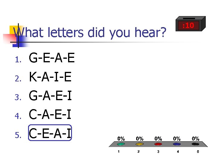What letters did you hear? 1. 2. 3. 4. 5. G-E-A-E K-A-I-E G-A-E-I C-E-A-I What letters did you hear? 1. 2. 3. 4. 5. G-E-A-E K-A-I-E G-A-E-I C-E-A-I