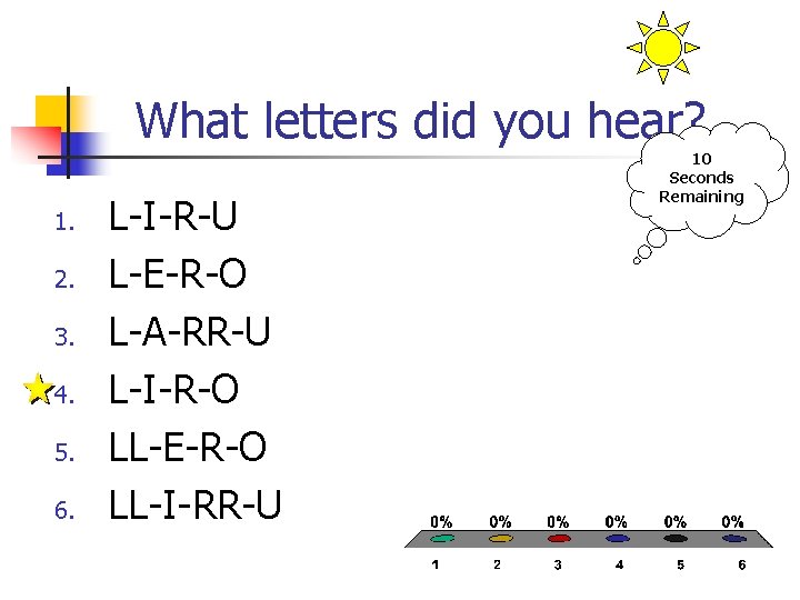 What letters did you hear? 1. 2. 3. 4. 5. 6. L-I-R-U L-E-R-O L-A-RR-U What letters did you hear? 1. 2. 3. 4. 5. 6. L-I-R-U L-E-R-O L-A-RR-U