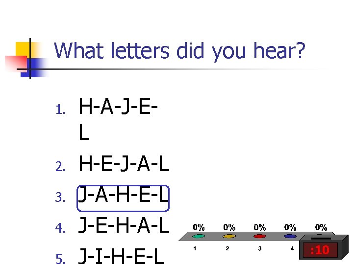 What letters did you hear? 1. 2. 3. 4. 5. H-A-J-EL H-E-J-A-L J-A-H-E-L J-E-H-A-L What letters did you hear? 1. 2. 3. 4. 5. H-A-J-EL H-E-J-A-L J-A-H-E-L J-E-H-A-L