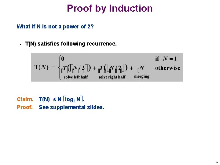 Proof by Induction What if N is not a power of 2? n T(N)