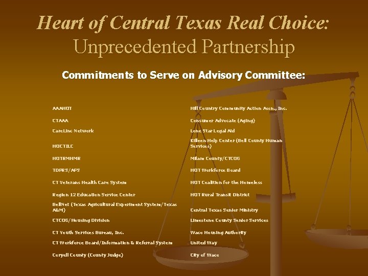 Heart of Central Texas Real Choice: Unprecedented Partnership Commitments to Serve on Advisory Committee: