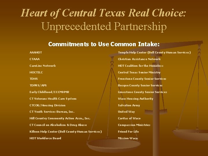 Heart of Central Texas Real Choice: Unprecedented Partnership Commitments to Use Common Intake: AAAHOT