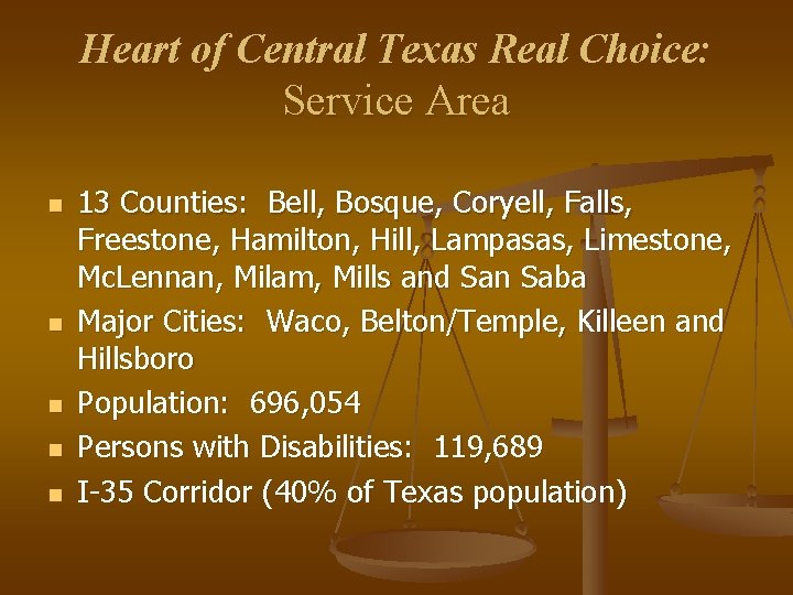 Heart of Central Texas Real Choice: Service Area n n n 13 Counties: Bell,