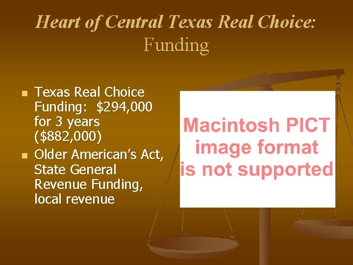 Heart of Central Texas Real Choice: Funding n n Texas Real Choice Funding: $294,
