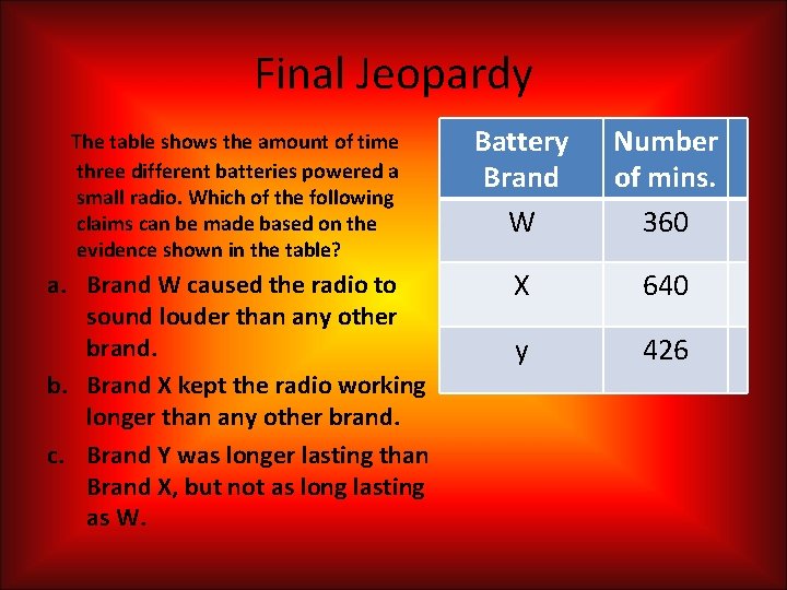 Final Jeopardy The table shows the amount of time three different batteries powered a