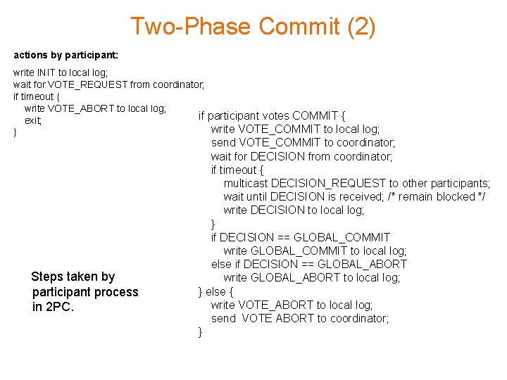 Two-Phase Commit (2) actions by participant: write INIT to local log; wait for VOTE_REQUEST
