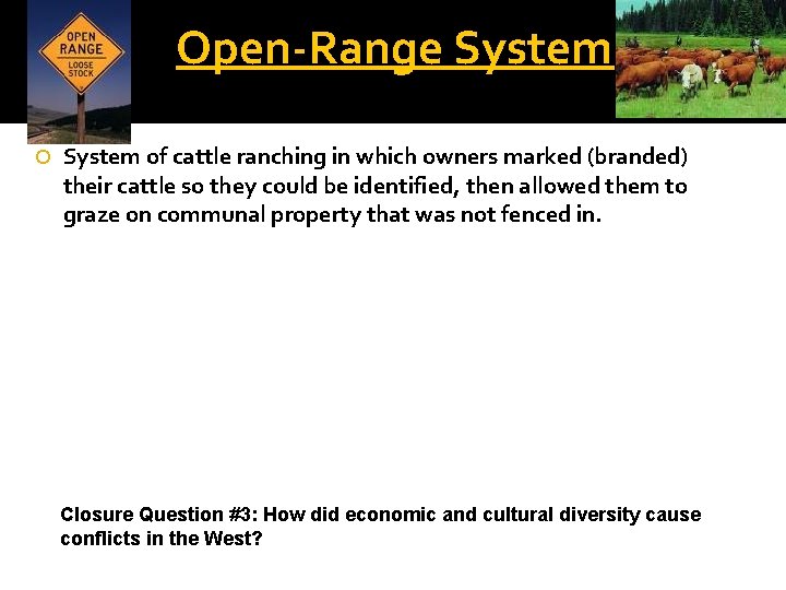 Open-Range System of cattle ranching in which owners marked (branded) their cattle so they