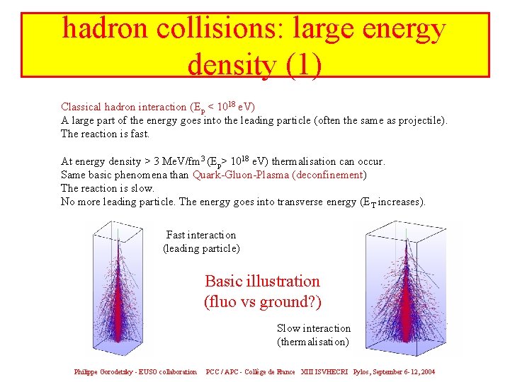 hadron collisions: large energy density (1) Classical hadron interaction (Ep < 1018 e. V)